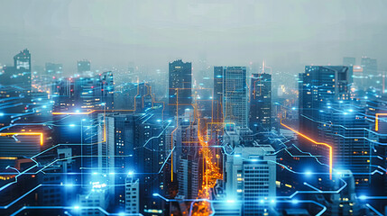 Fototapeta na wymiar Digital Communication in Business City, Futuristic Technology Concept, Abstract Skyscraper Light Network