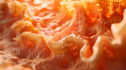 Inside the human stomach, showing the rippling texture of the stomach lining, bathed in a warm, reddish glow. The scene captures the motion of gastric fluids and partially digested food.