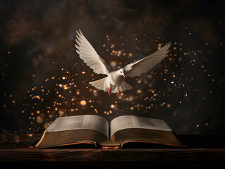 Flying dove above an opened book. The Holy spirit appears over the Bible - obrazy, fototapety, plakaty