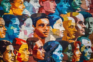 Colorful Mosaic of Diverse Faces on a Wall