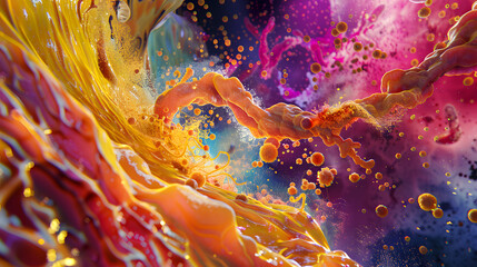 Rendition of gastric acid and enzymes at work, breaking down food inside the human stomach. The background is a vibrant display of colors representing the chemical reactions. - obrazy, fototapety, plakaty