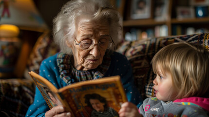 Portrait of grandmothers sharing stories to children,ai