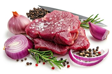 Raw Fresh Meat Beef Steak, Seasonings With Salt, Pepper, Rosemary Leaves And Red Onion, on white background