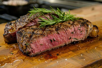 ribeye striploin and tenderloin steak on wooden chopping board. is rosemary on top of the meat