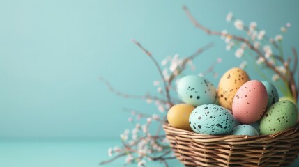 Naklejka na ściany i meble a basket full of Easter eggs on a blue background