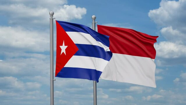Indonesia and Cuba two flags waving together, looped video, two country relations concept