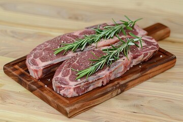 ribeye striploin and tenderloin steak on wooden chopping board. is rosemary on top of the meat 