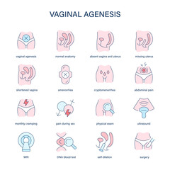 Vaginal Agenesis symptoms, diagnostic and treatment vector icons. Medical icons.