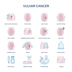 Vulvar Cancer symptoms, diagnostic and treatment vector icons. Medical icons. - 765575770