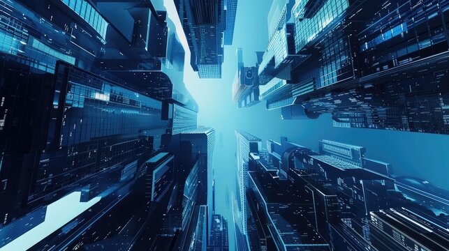 3d illustration, 3d rendering. futuristic city. blue background. metaverse. digital world. Modern and creative 3D buildings. 3d architecture.