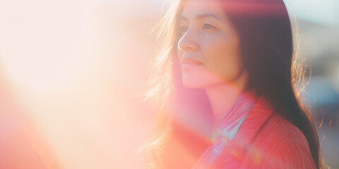 Asian woman in a sun-kissed glow, her face a picture of quiet reflection and optimism