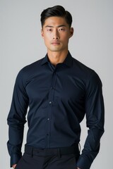 Asian man wearing a black shirt and pants stands against a neutral background