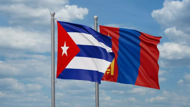 Mongolia and Cuba two flags waving together, looped video, two country cooperation concept