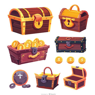 Closed antique treasure chest with coins set icons