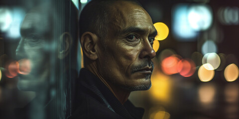 Stoic middle-aged man with a piercing gaze, city nightlife reflected in the window beside him