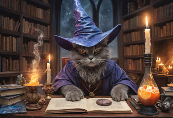 A fluffy gray magical cat in a wizard's hat sits at a table among magical paraphernalia with books and candles