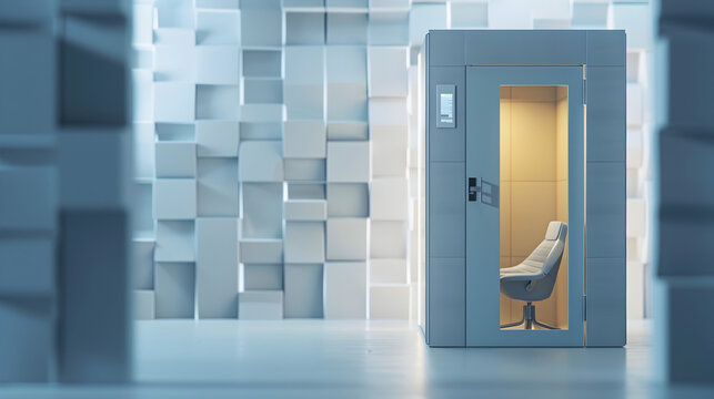 Minimalist soundproof booth used for hearing tests, with the door slightly open to reveal the high-tech interior where patients undergo audiometric evaluations.