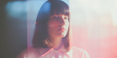 Young woman with bangs, her visage calmly split by a spectrum of blue to red light