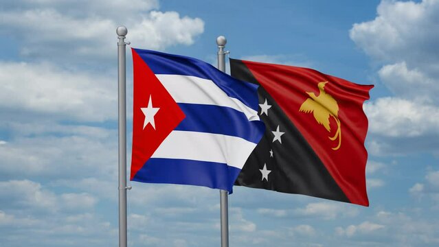 Papua New Guinea and Cuba two flags waving together, looped video, two country relations concept