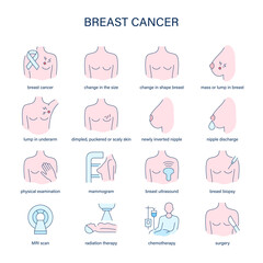 Breast Cancer symptoms, diagnostic and treatment vector icons. Medical icons. - 765577327