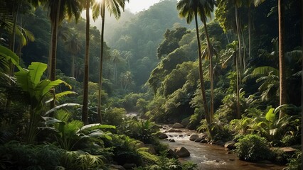 tropical forest in the jungle, tropical jungle with tropical green trees, green tropical landscape - obrazy, fototapety, plakaty