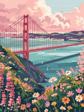 A detailed painting of the iconic Golden Gate Bridge under a clear blue sky in San Francisco