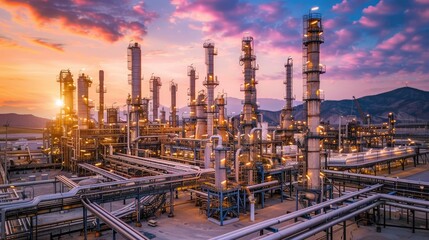 A large industrial plant with many tall pipes and a sunset in the background. Scene is industrial and serene - obrazy, fototapety, plakaty