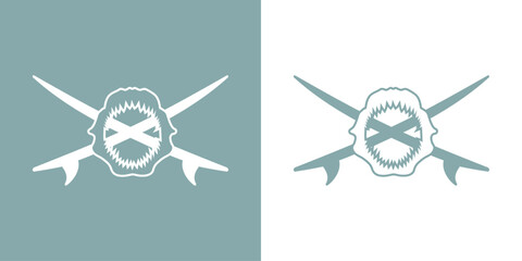 Logo club de surf. Silueta de mandíbula de tiburón lineal sobre tablas de surf cruzadas - obrazy, fototapety, plakaty
