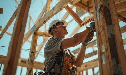 Focused construction worker accurately measures a wooden beam within a framework of a new house build