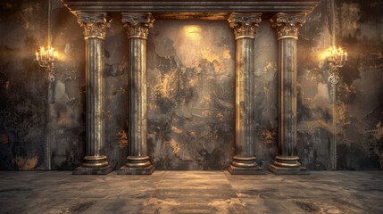 Antique Corinthian columns against a distressed wall with candelabra sconces, Concept of historical architecture and timeless elegance - obrazy, fototapety, plakaty