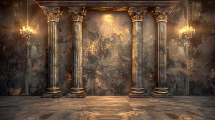 Fotobehang Antique Corinthian columns against a distressed wall with candelabra sconces, Concept of historical architecture and timeless elegance © Picza Booth