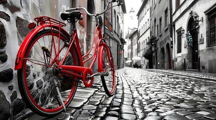 Retro vintage red bike on cobblestone street in the old town. Color in black and white. Old...