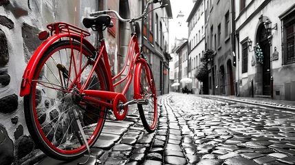 Zelfklevend Fotobehang Fiets Retro vintage red bike on cobblestone street in the old town. Color in black and white. Old charming bicycle concept.