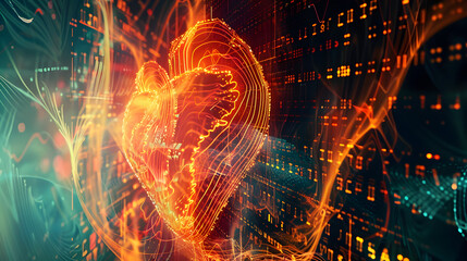 Abstract interpretation of an arrhythmic heartbeat, with erratic heart waveforms integrated into a network of digital data streams. The background features complex algorithms and binary code.