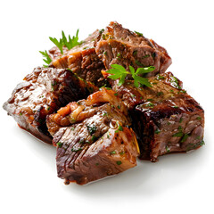 side view of roasted beef pieces with some garnishing leaves on white background - obrazy, fototapety, plakaty