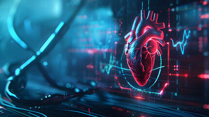 Futuristic heart health monitoring device attached to a patient, with a holographic display showing an irregular heartbeat pattern. The background is sleek and technological