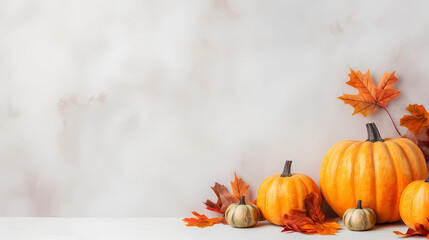 Fall background with orange pumpkins and fall leaves on a light surface - obrazy, fototapety, plakaty