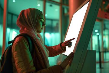 A Muslim Woman with a telephone using a self-service desk with a Blank screen, Mockup - obrazy, fototapety, plakaty