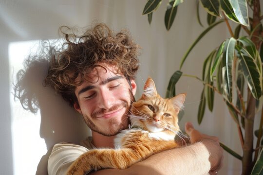 A handsome man hugging his cute cat - Powered by Adobe