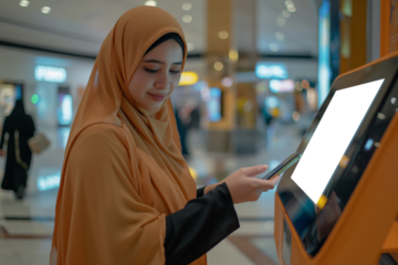 A Muslim Woman with a telephone using a self-service desk with a Blank screen, Mockup