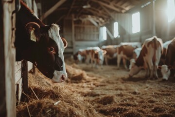 A herd of cows inside a barn during feeding - obrazy, fototapety, plakaty