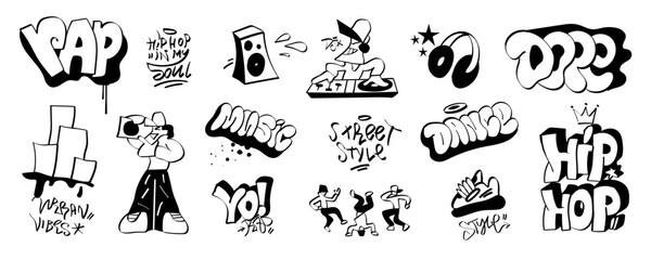 Graffiti rap music lettering  words and characters vector doodle set, hip hop style design element 