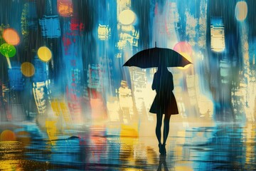 Abstract silhouette of girl walking on rain under umbrella, Seasons, weather, city lifestyle
