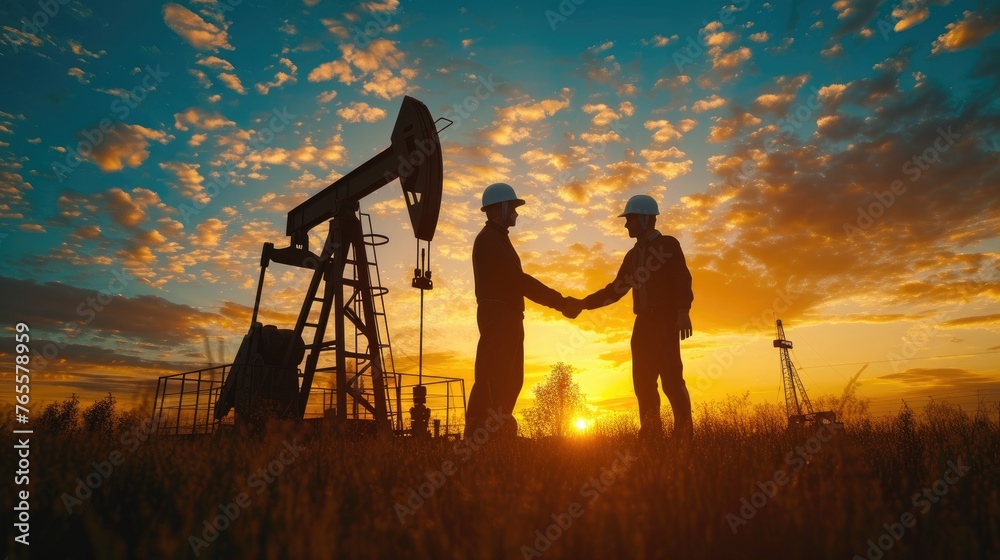 Wall mural energy industry partnership, silhouette of two engineers shaking hands in the field with an oil pump