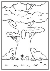 Big tree. Black and white vector illustration for coloring book.