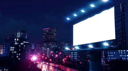 Large billboard mockup with spotlights on the city background at night. Advertising concept