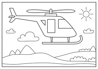Flying helicopter. Black and white vector illustration for coloring book.