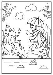 A frog and a turtle are talking on the bank of a pond. Black and white vector illustration for coloring book.