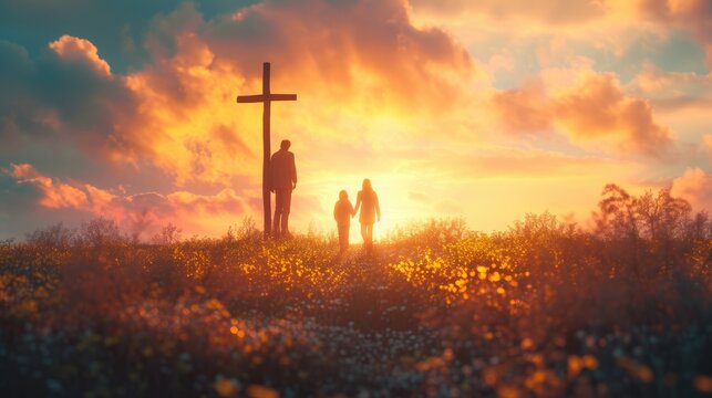 Family at Sunset Prayer, family stands in silhouette against a sunset, gazing at a cross, an evocative image of faith and togetherness in a spiritual moment