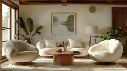 Fototapeta na wymiar Modern Serene Living Space, warmly lit, cozy interior with plush chairs and wood accents, promoting relaxation and contemporary home design elegance